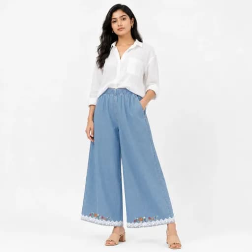 STOFFA Meadow Embroidered Denim Palazzo
