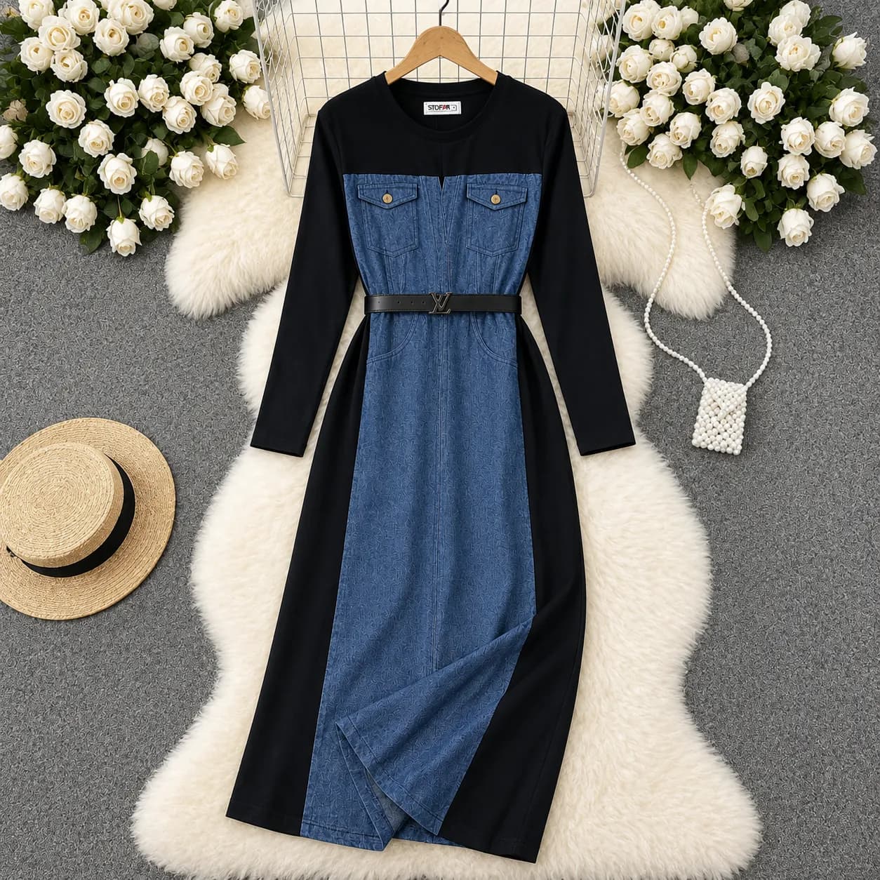 Denim Grace Belted Maxi Dress for Women