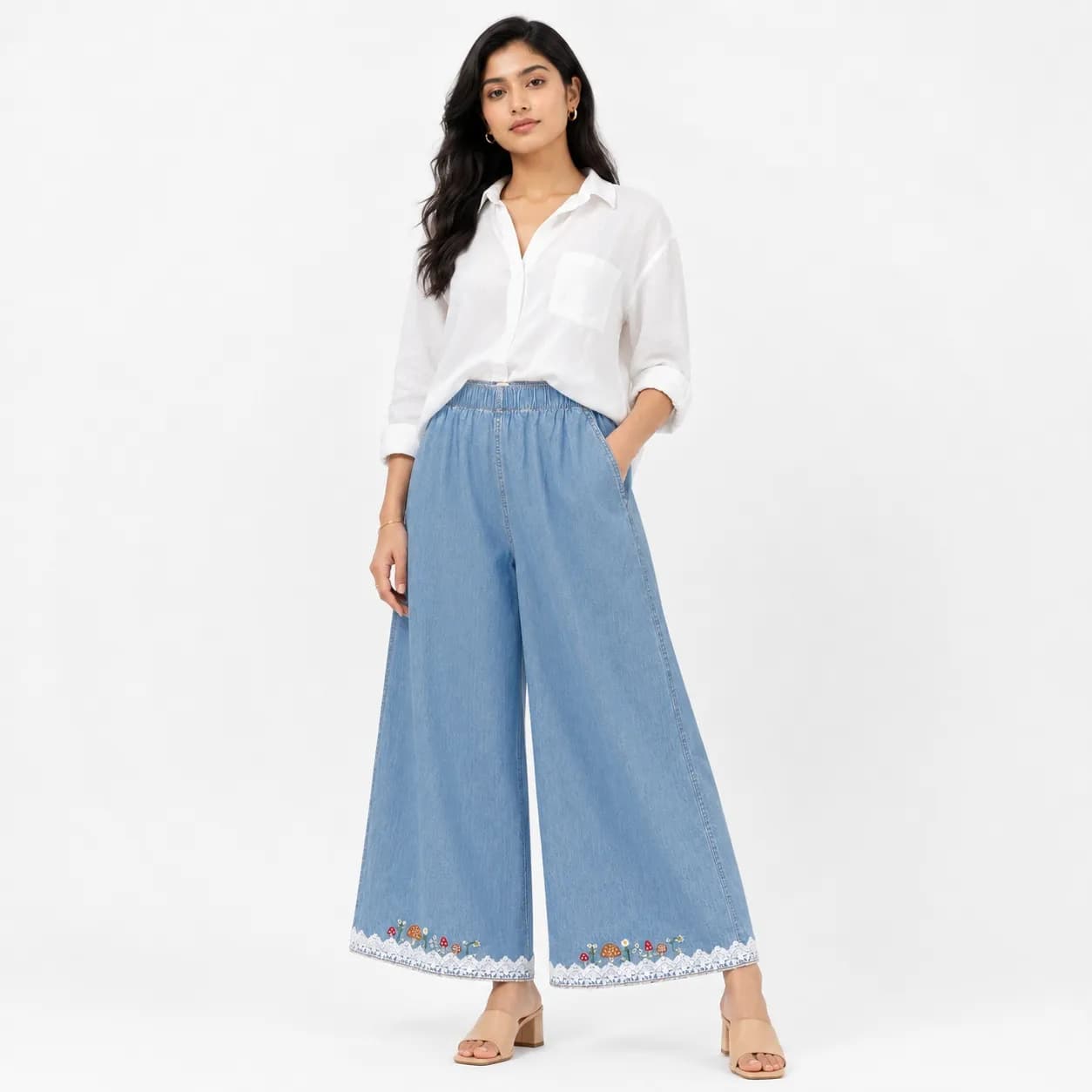 STOFFA Meadow Embroidered Denim Palazzo