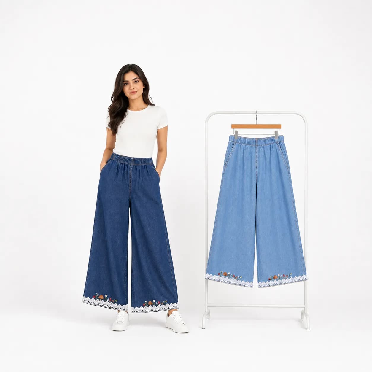 STOFFA Meadow Embroidered Denim Palazzo